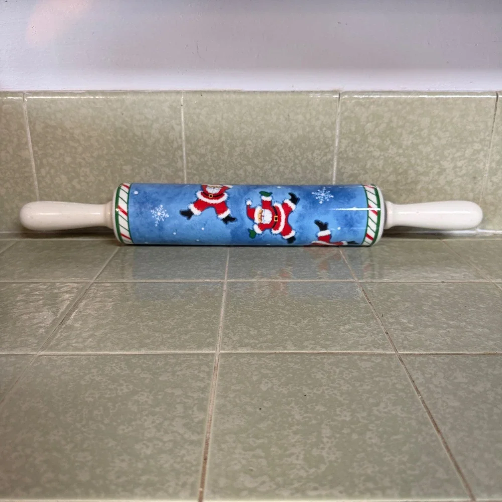 CounterArt Ceramic Rolling Pin Christmas Dancing Santa Blue Holiday Kitchenware
